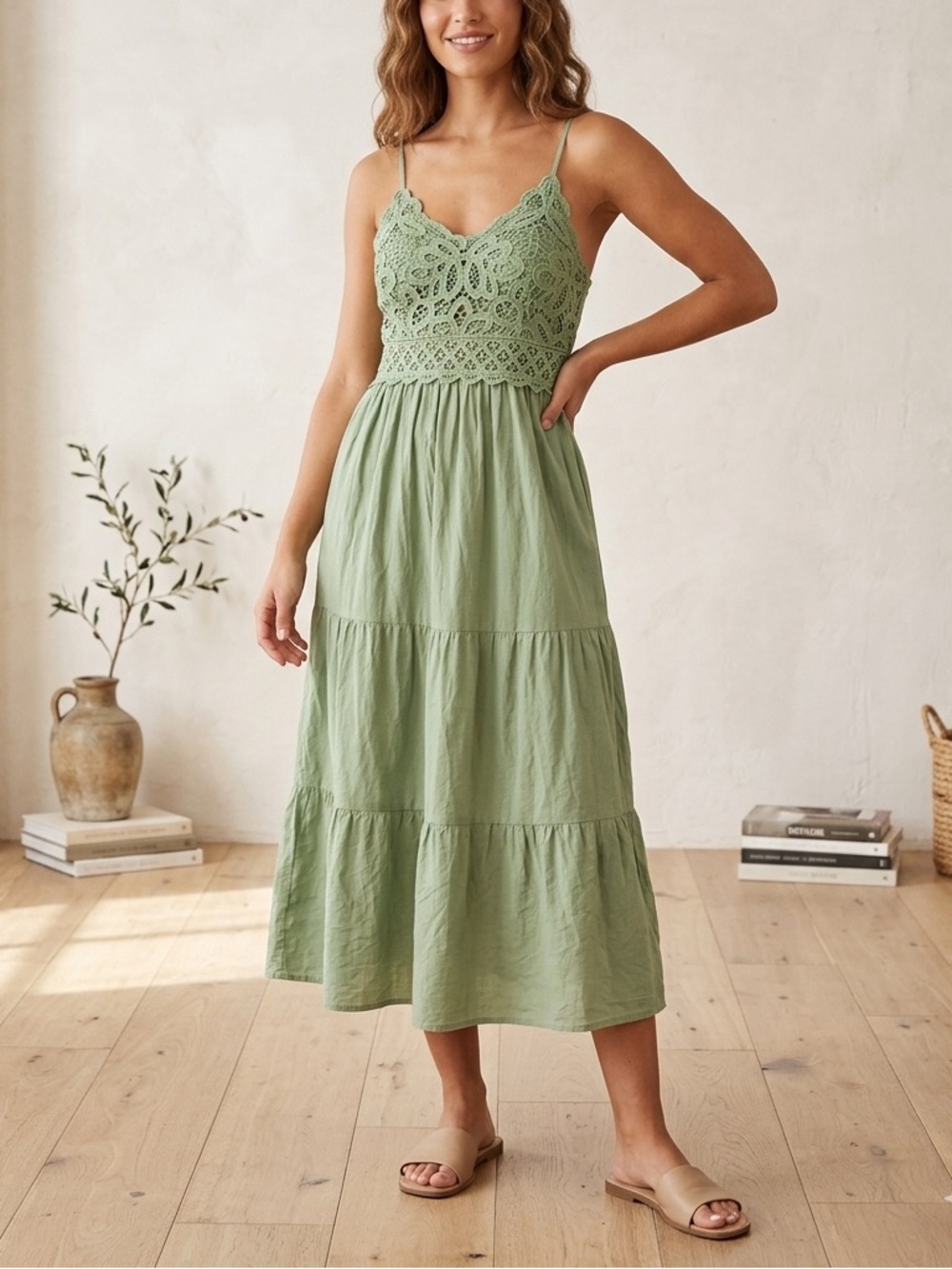 Poliana Sage Green Crochet Lace Maxi Dress Size S Smocked Tiered Boho❤️